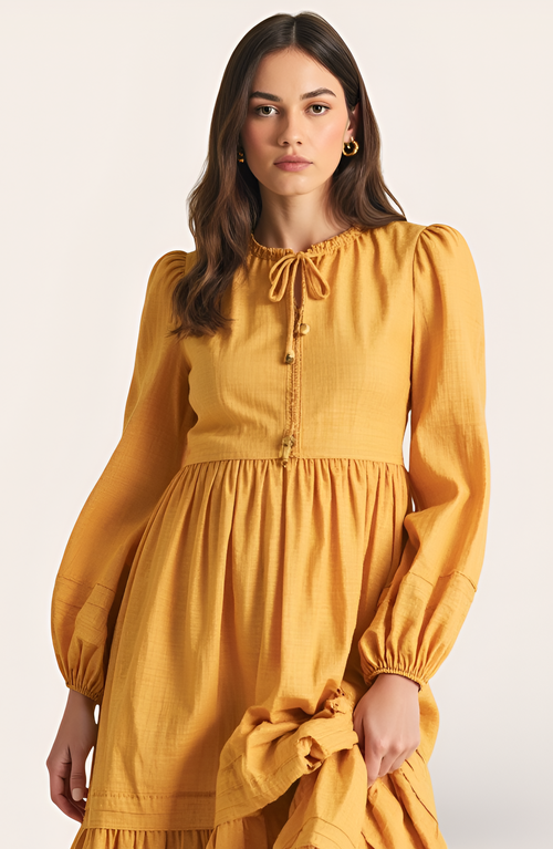 Modenaire Midi Shirred Neckline Tie Front Long Sleeve Tiered Hem Dress In Yellow