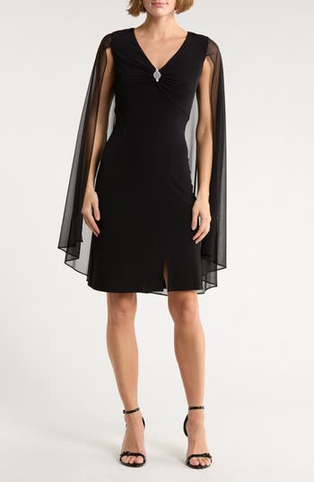 Connected Apparel Cape Sleeve Dress In Black
