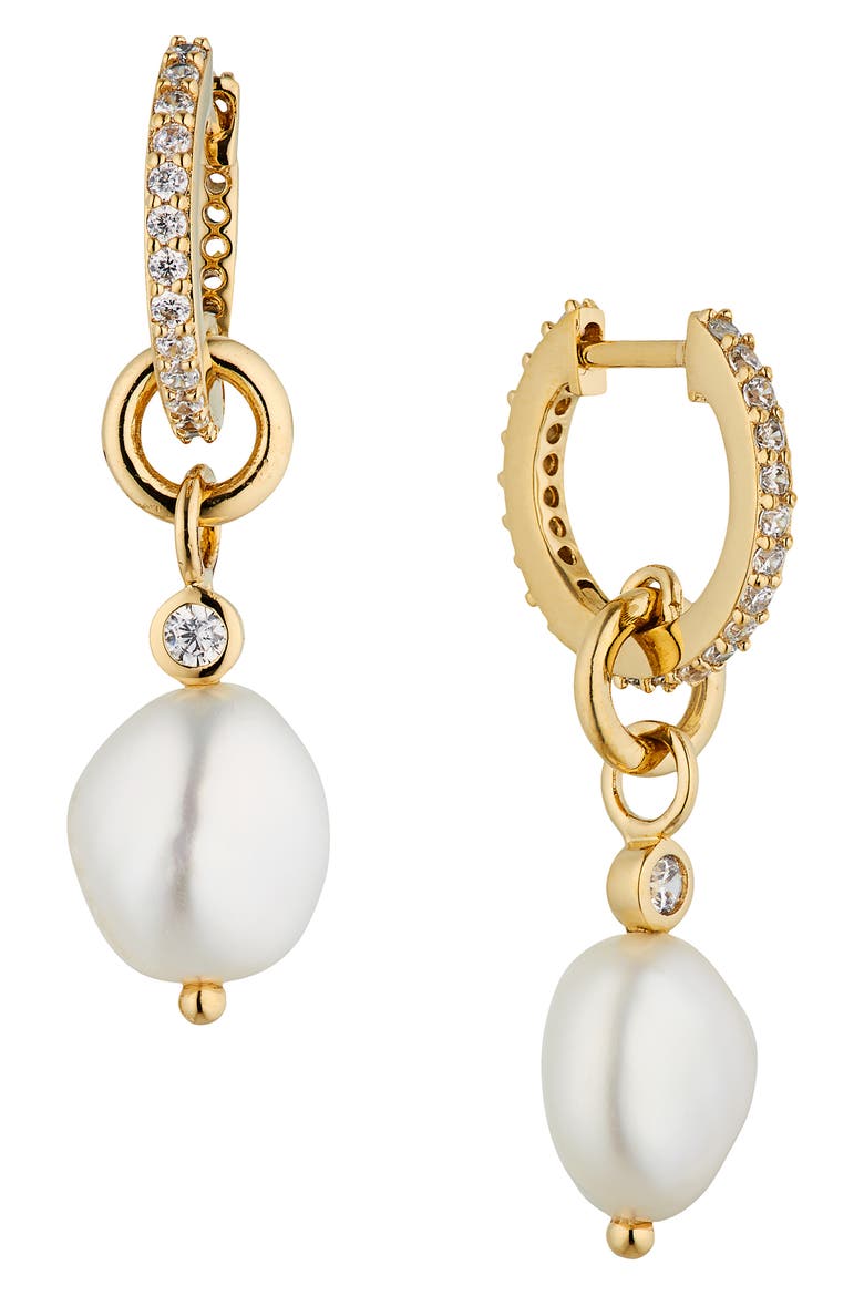 Dot Dot Dot Genuine Pearl Huggie Drop Earrings, Main, color, GOLD/ PEARL