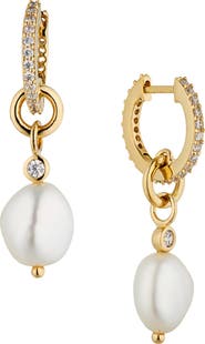 Nadri Dot Dot Dot Genuine Pearl Huggie Drop Earrings