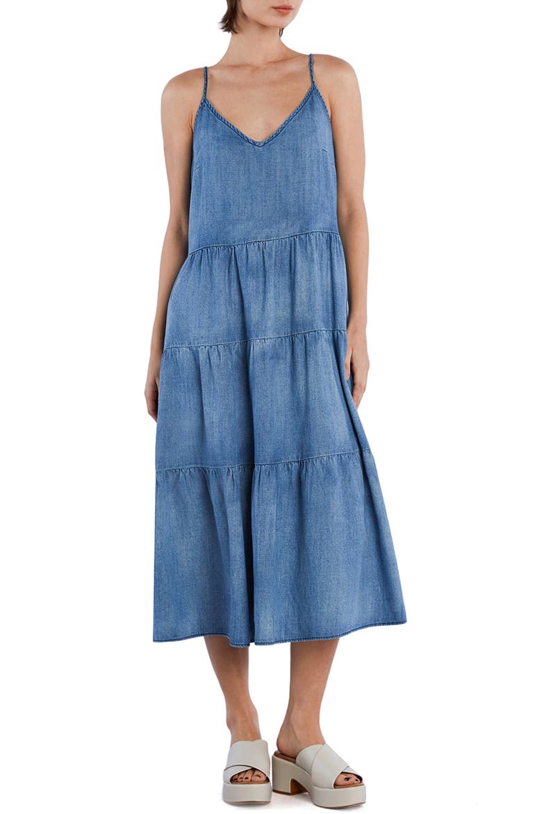 Felicity Flounce Tiered Denim Dress, Main, color, SAND WASH BLUE