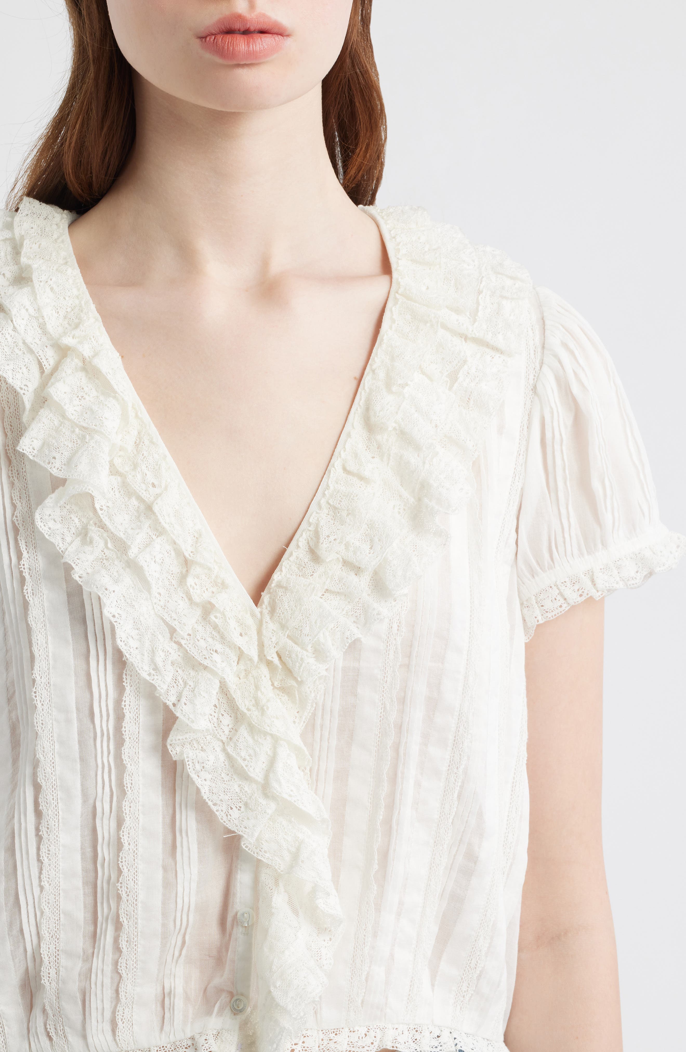 DÔEN Bernadette Pleated Lace Ruffle Trim Top | Nordstrom
