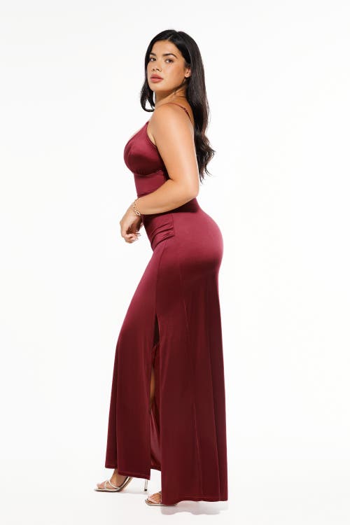 Popilush Shapewear Satin Deep-v Front Slit Maxi Dress In Burgundy