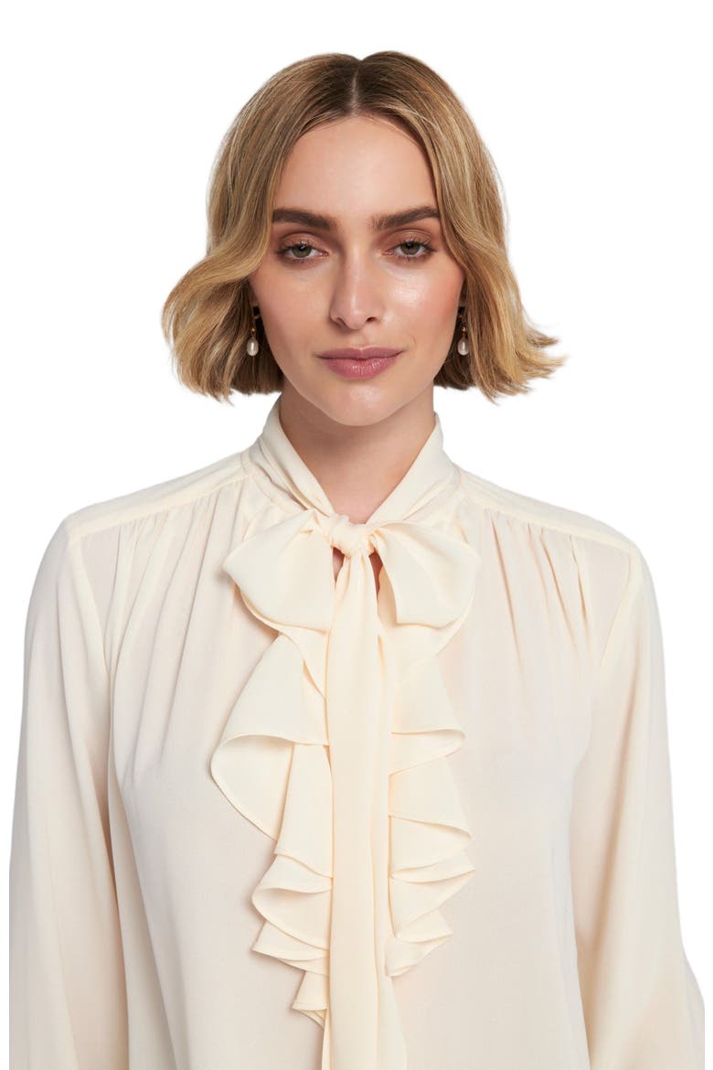 Flounce-Trimmed Tie-Neck Blouse Top, Alternate, color, Cream