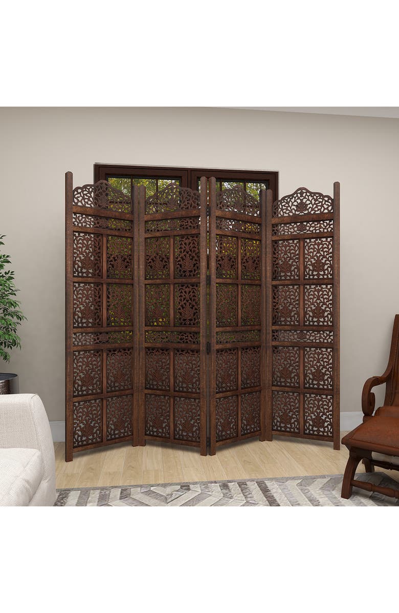 GINGER BIRCH STUDIO Brown Wood Handmade Hinged Foldable Partition Floral Room Divider, Alternate, color, 