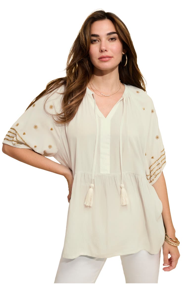 Plus Size Crinkle Rayon Tie Neck Embroidered Blouse, Main, color, IVORY EMBELLISHMENT SLEEVE