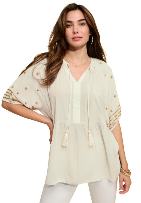 Plus Size Crinkle Rayon Tie Neck Embroidered Blouse