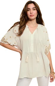 Roaman's Plus Size Crinkle Rayon Tie Neck Embroidered Blouse