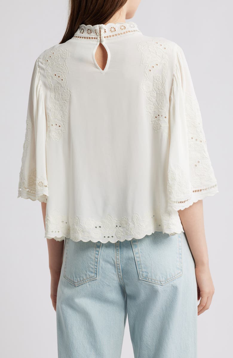 FARM Rio Palm Tree Embroidered Eyelet Mock Neck Top, Alternate, color, Off-White