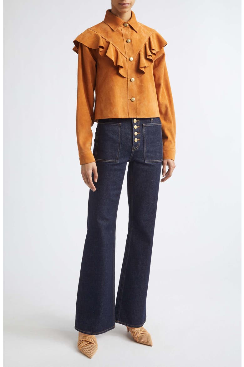 Matilde Ruffle Suede Jacket, Alternate, color, COGNAC
