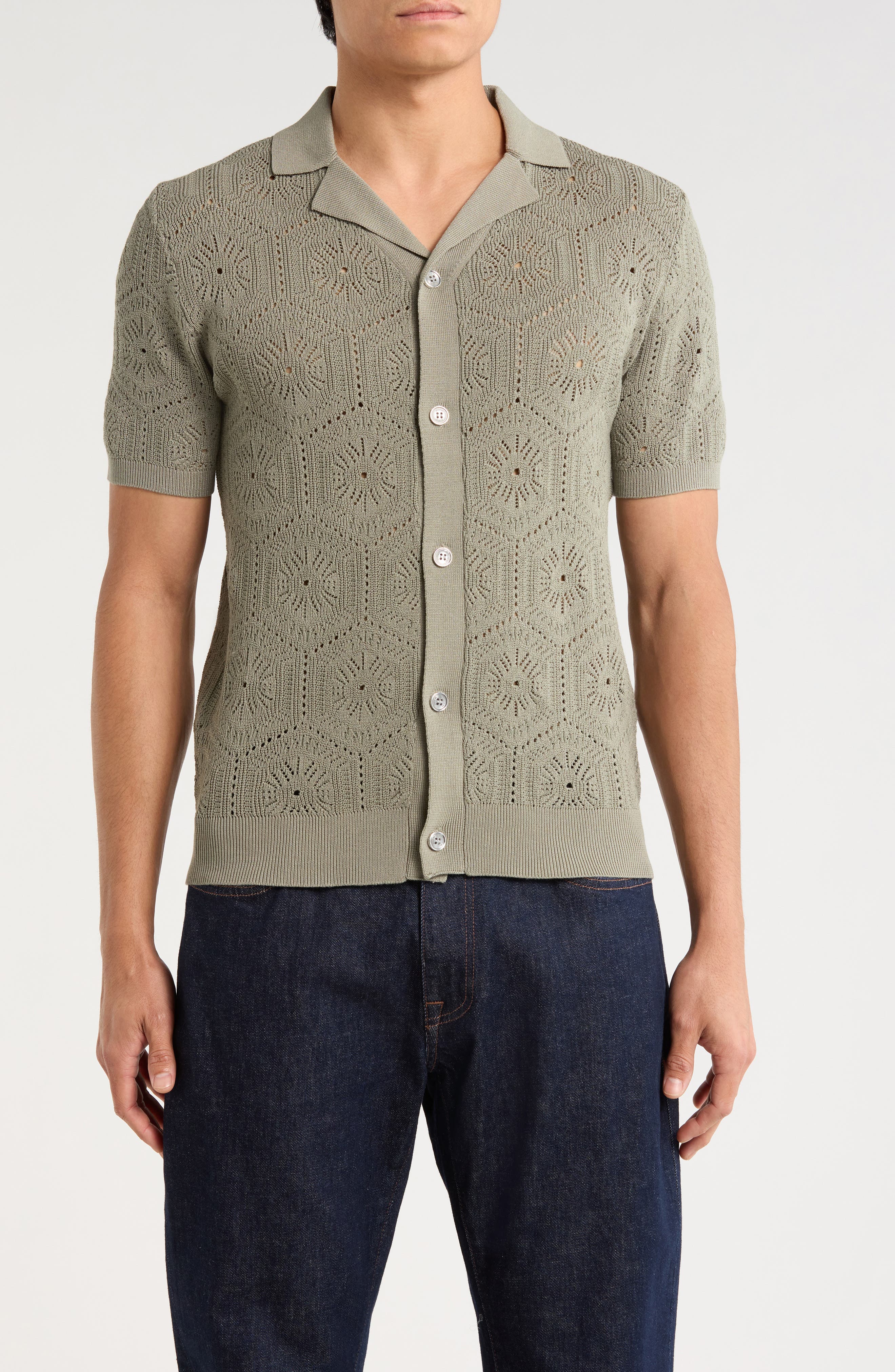 JASON WU Pointelle Knit Short Sleeve Button-Up Shirt