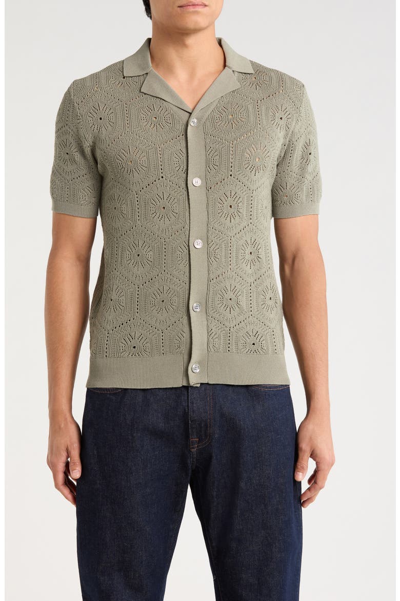 Pointelle Knit Short Sleeve Button-Up Shirt, Main, color, SAGE GREEN