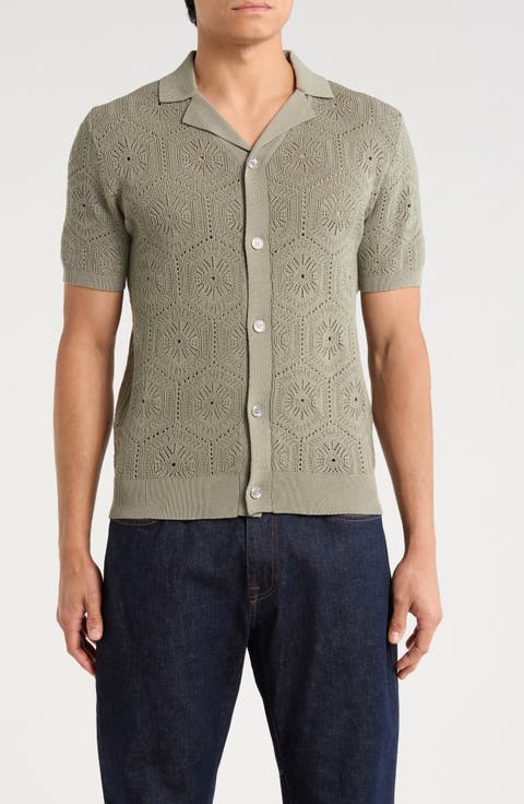 Pointelle Knit Short Sleeve Button-Up Shirt