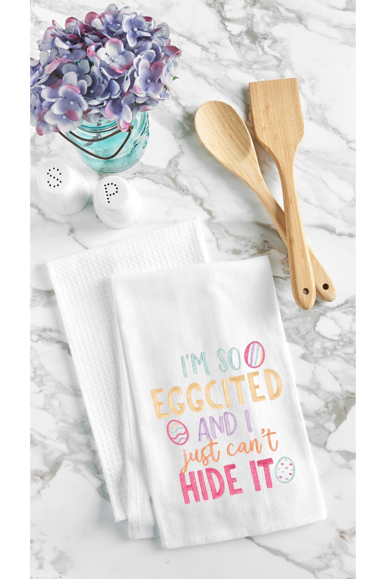 "I'm So Eggcited" Easter Spring Embroidered Cotton Flour Sack Kitchen Dishtowel, Alternate, color, White