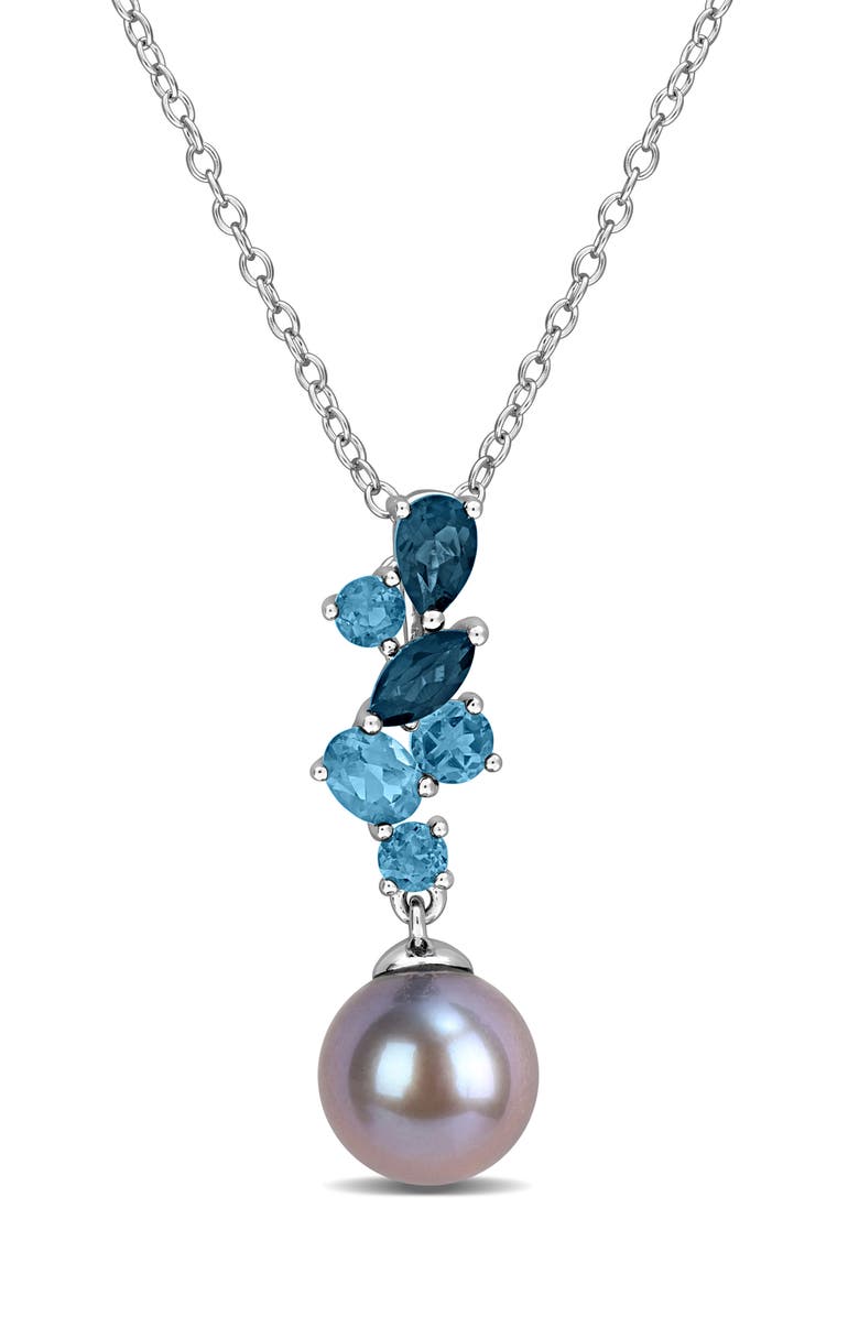 DELMAR Cultured Tahitian Pearl & London Blue Topaz Pendant Necklace, Main, color, 