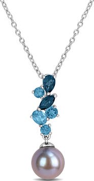 DELMAR Cultured Tahitian Pearl & London Blue Topaz Pendant Necklace