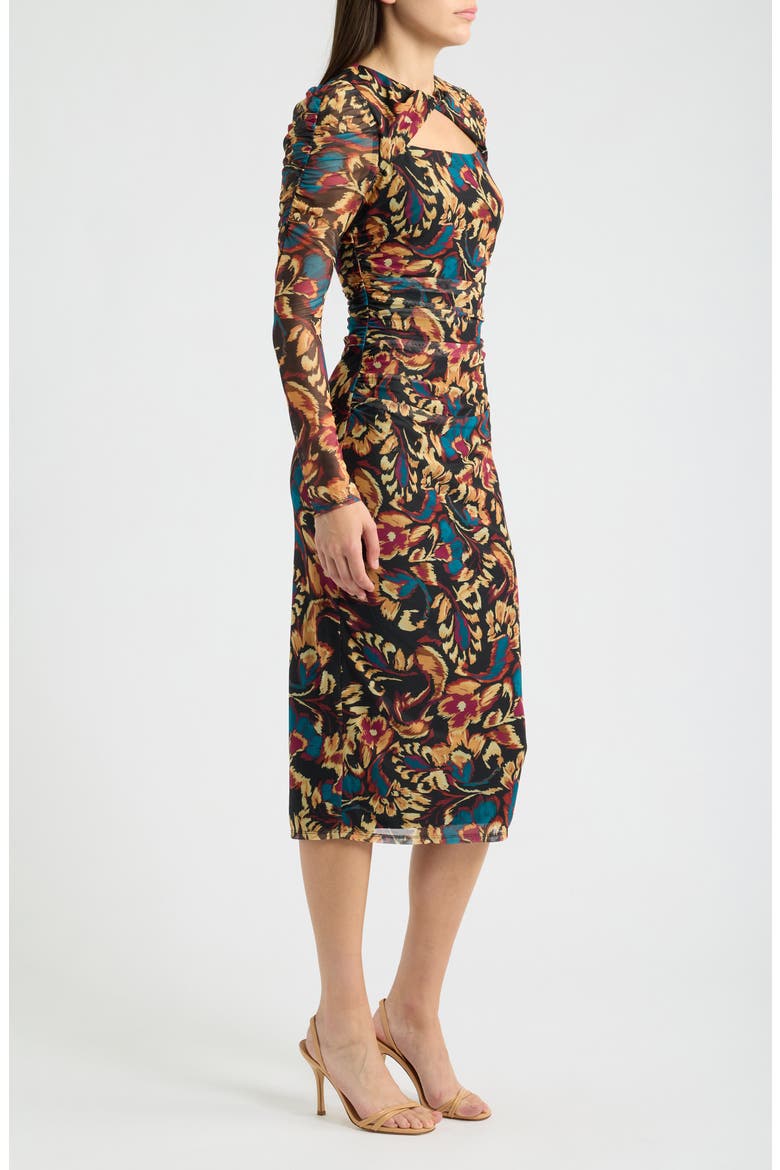Floral Print Long Sleeve Mesh Midi Dress, Alternate, color, BLACK MULTI
