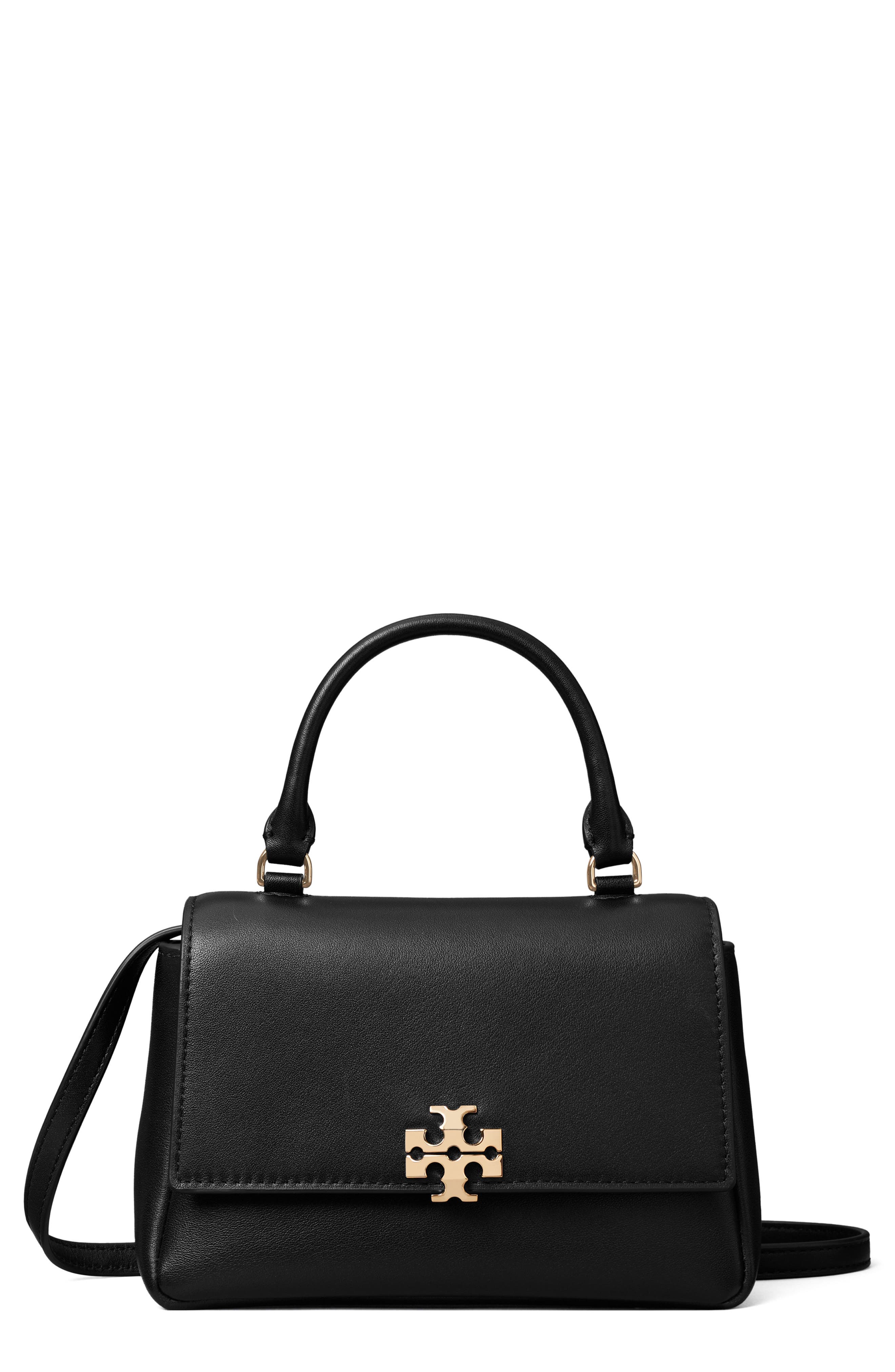 Tory Burch Charlie Leather Top Handle Bag, Main, color, Black