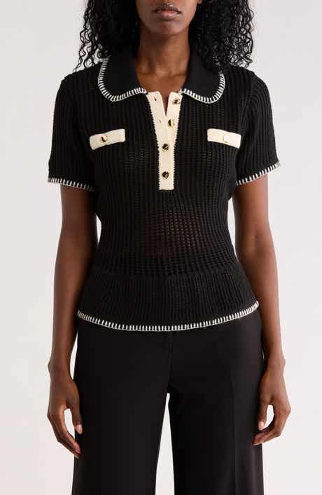 Adrianna Papell Open Stitch Polo Sweater