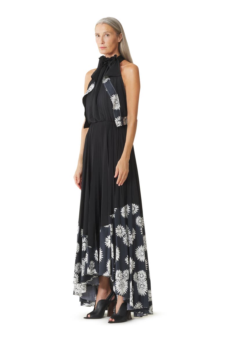 Pleated Dress In Charmeuse And Printed Cotton, Alternate, color, Floral, Geometric