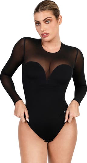 Shapewear Illusion Mesh Long Sleeve Tummy Control Bodysuit