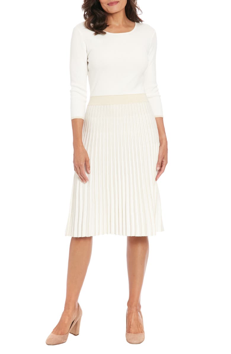 London Times Long Sleeve Pleated Sweater Dress, Main, color, Ivory