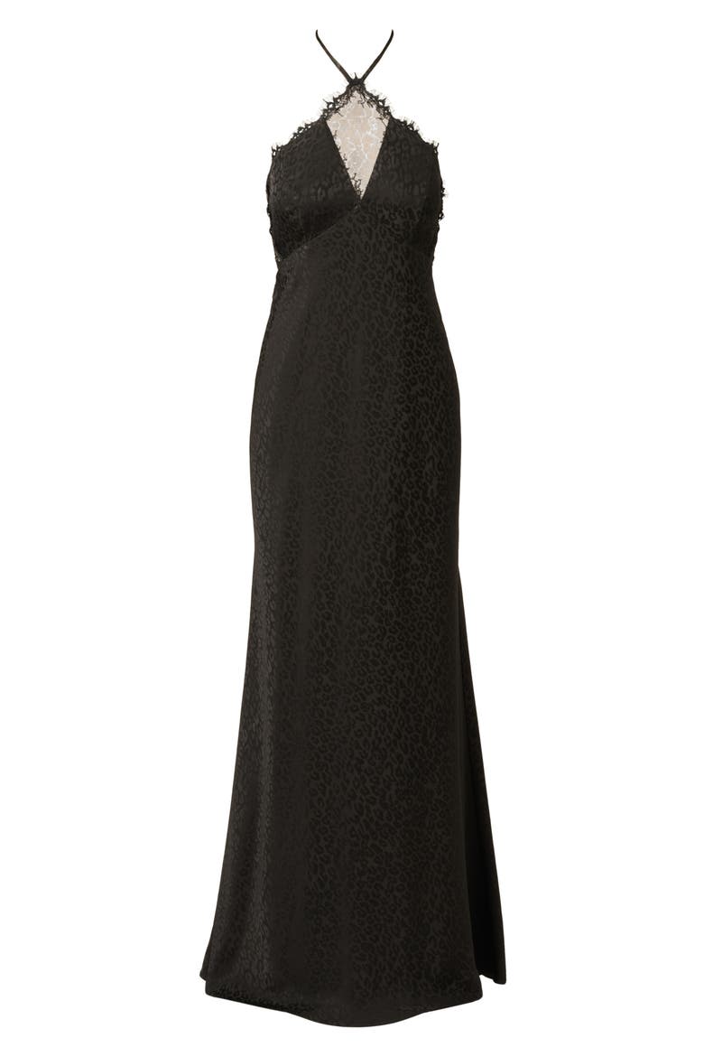 Leopard Jacquard & Lace Halter Gown., Alternate, color, BLACK