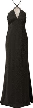 Adrianna Papell Leopard Jacquard & Lace Halter Gown.
