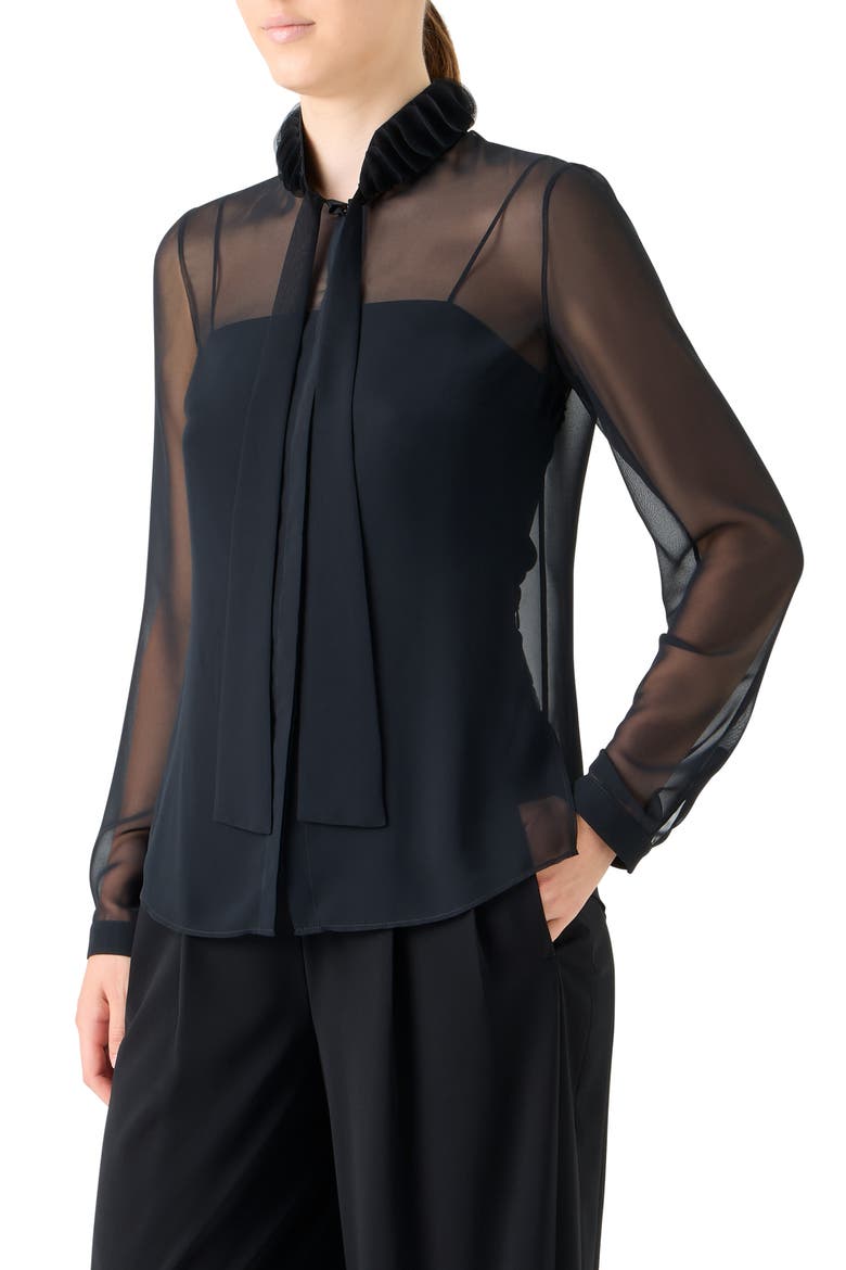 Ruffle Mock Neck Sheer Button-Up Shirt, Alternate, color, BLACK