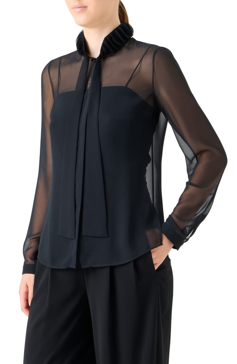 Akris punto Ruffle Mock Neck Sheer Button-Up Shirt, Alternate, color, Black