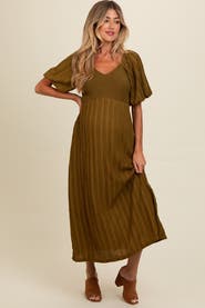 PinkBlush Smocked V-Neck Short Puff Sleeve Textured Midi Dress