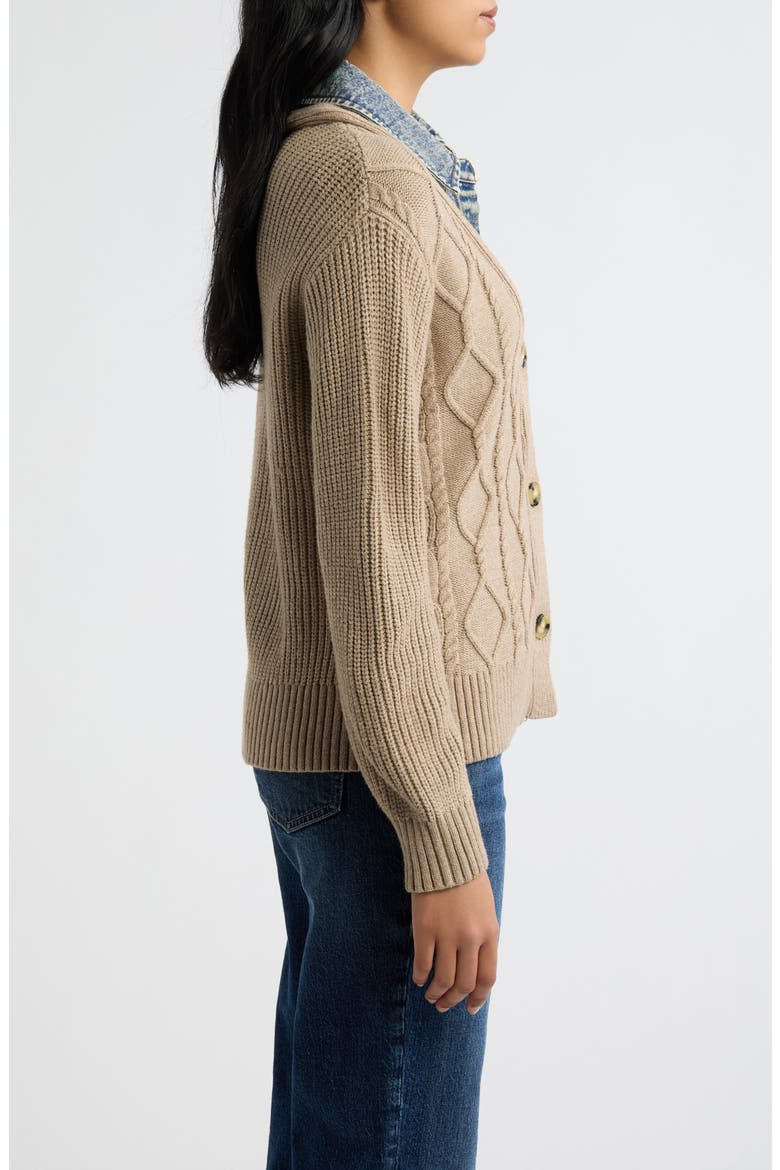 Denim Trim Cable Stitch Cardigan, Alternate, color, TAN