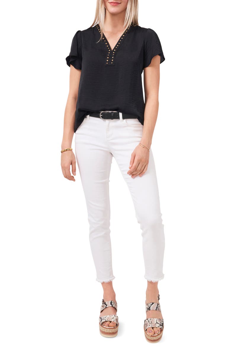 Studded V-Neck Blouse, Alternate, color, RICH BLACK