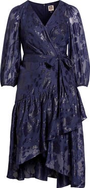 Anne Klein Metallic Long Sleeve High-Low Wrap Dress