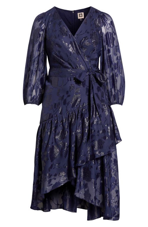 Anne Klein Metallic Long Sleeve High-low Wrap Dress In Blue