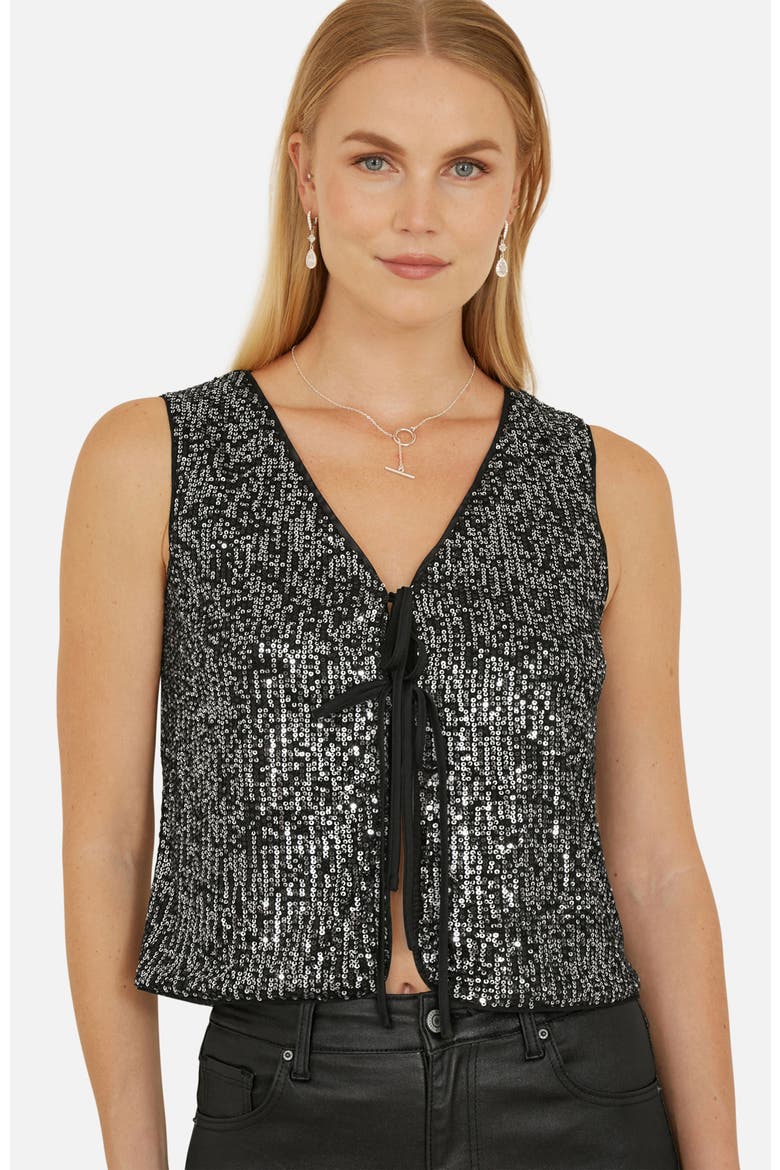 Sequin Tie Front Waistcoat Top, Alternate, color, Black
