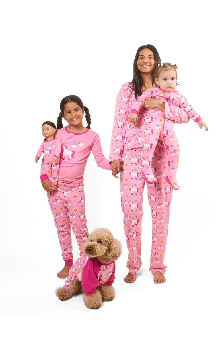 Leveret Footed Cotton Pajamas Matching Family Coordinated Playful Prints, Alternate, color, Unicorn Rainbow
