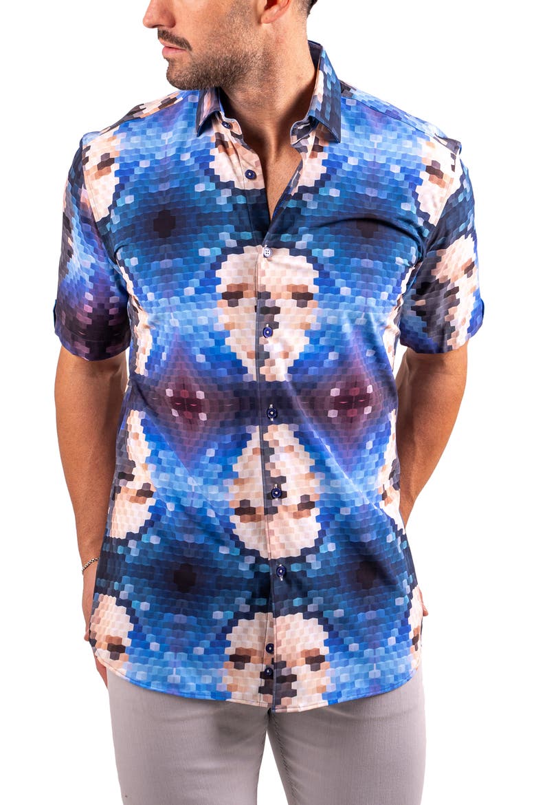 Galileo Resistance2201 Blue Pixelated Face Print Short Sleeve Button-Up Shirt, Alternate, color, BLUE
