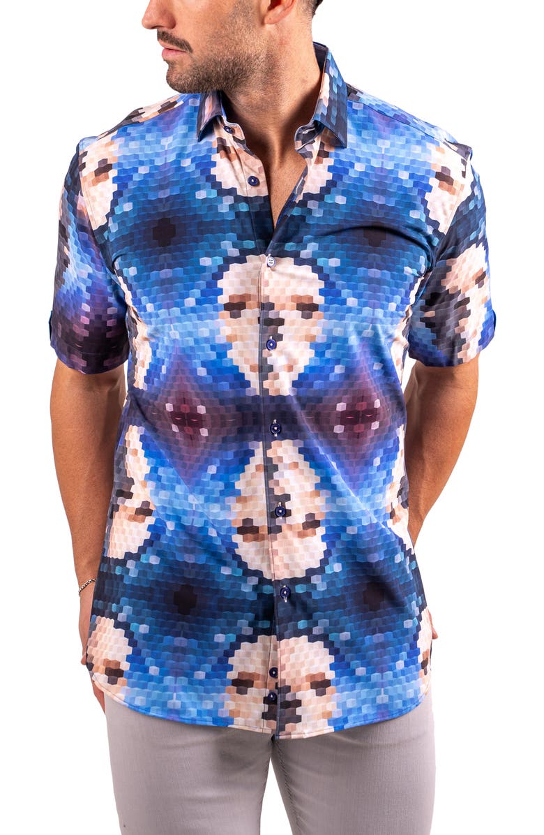 Maceoo Galileo Resistance2201 Blue Pixelated Face Print Short Sleeve Button-Up Shirt, Alternate, color, Blue