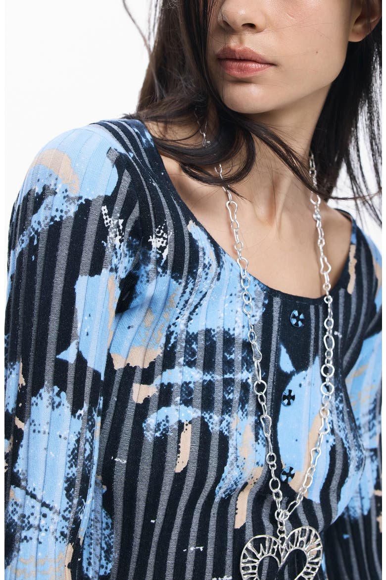Abstract Print Rib Top, Alternate, color, BLUE