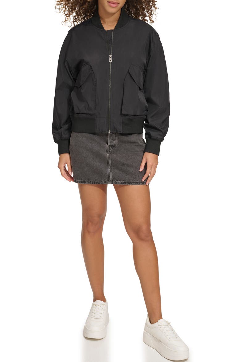 Techy Nylon Bomber Jacket, Alternate, color, BLACK