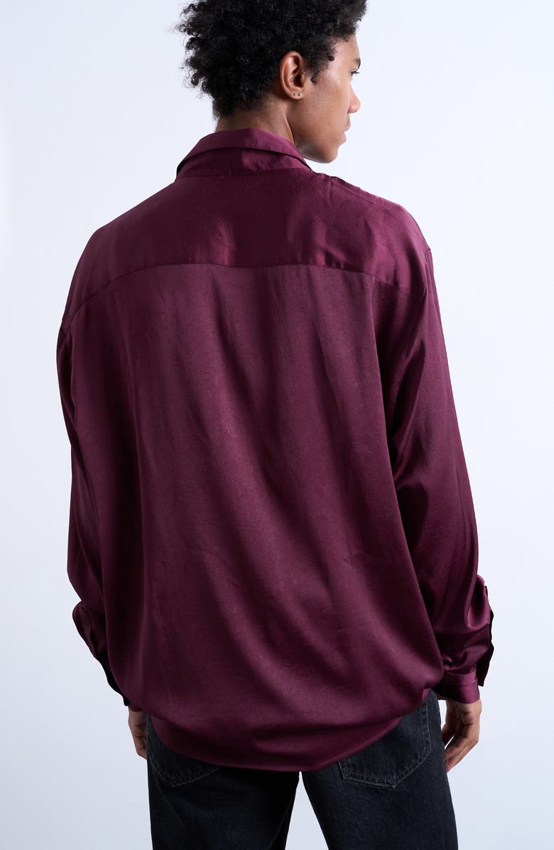 Topman Oversize Sateen Button-Up Shirt, Alternate, color, Burgundy