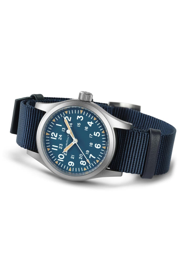Khaki Field Mechanical NATO Strap Watch, 38mm, Alternate, color, BLUE