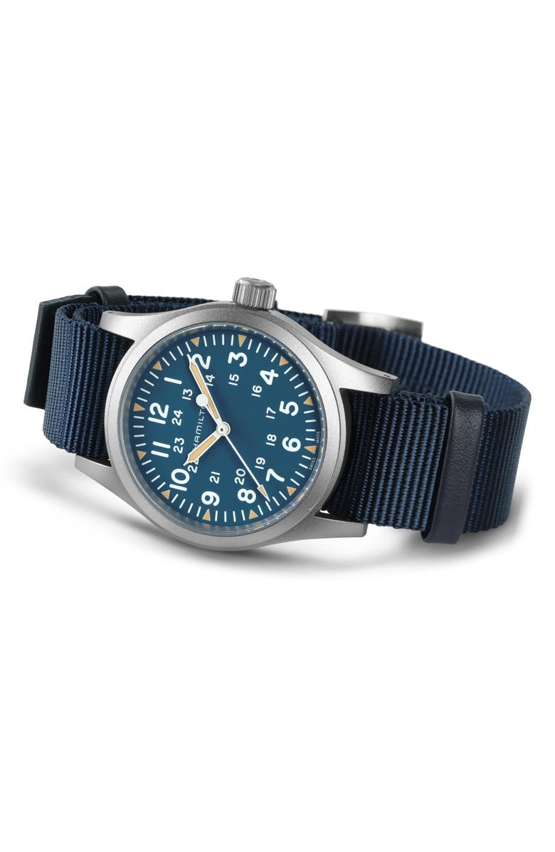 Hamilton Khaki Field Mechanical NATO Strap Watch, 38mm, Alternate, color, Blue