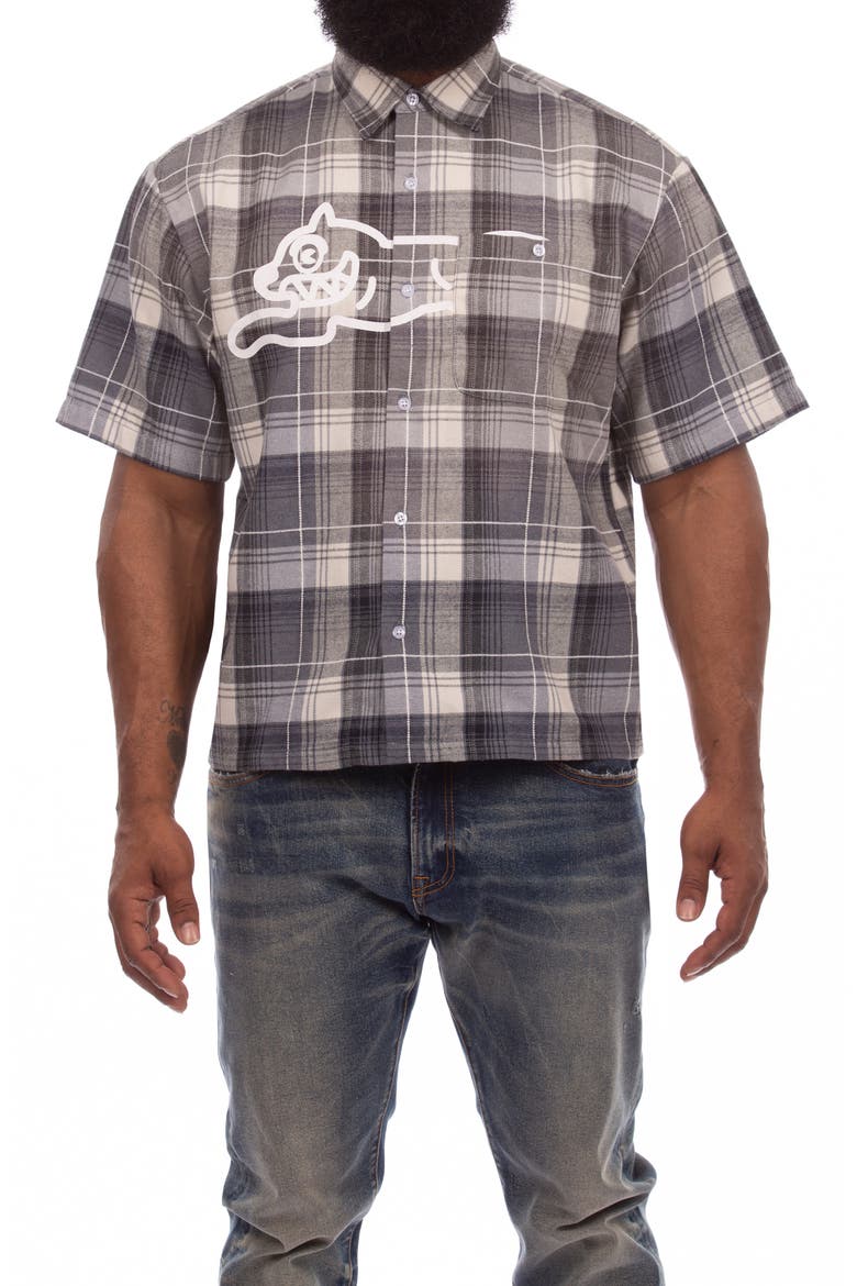 Snow Cone Plaid Short Sleeve Button-Up Shirt, Main, color, BLACK