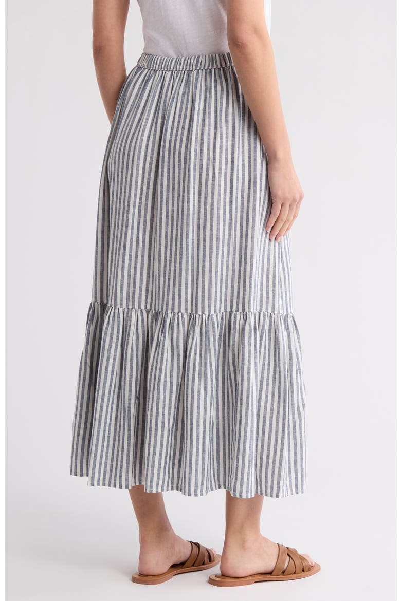 Stripe Tiered Linen Blend Midi Skirt, Alternate, color, BLUE INSIGNIA- IVORY BRIANNE S