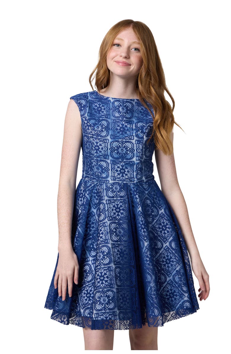Un Deux Trois Cap Sleeve Boat Neck Lace Dress In Longer Length, Main, color, Navy Blue