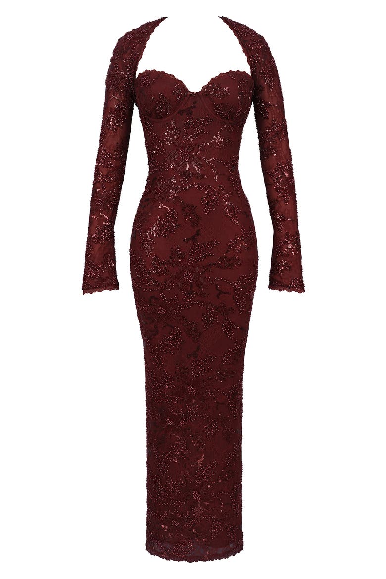 Lucelle Embellished Lace Maxi Dress with Removable Bolero, Alternate, color, CABERNET