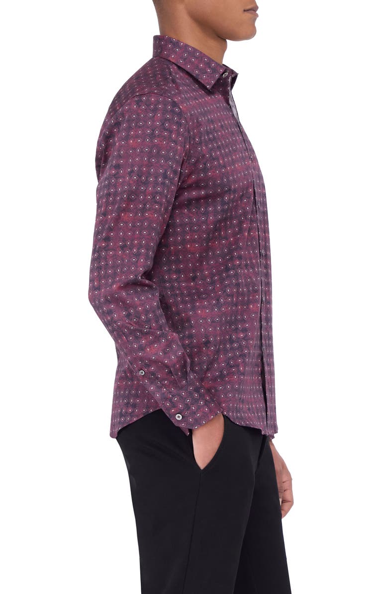Bugatchi Julian Shaped Fit Geometric Cotton Button-Up Shirt, Alternate, color, Cabernet