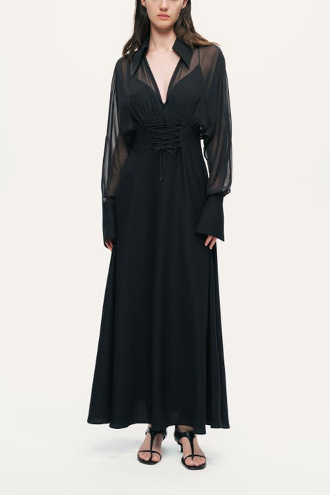 Sheer Lace-Up Waist Maxi Shirt Dress